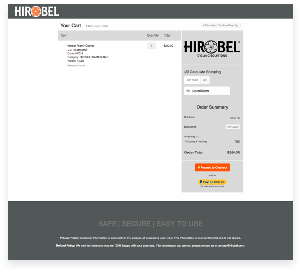 Hirobel checkout page, shipping calculator