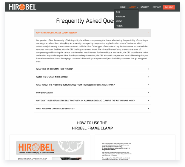 Hirobel f.a.q. page with accordion style dropdowns